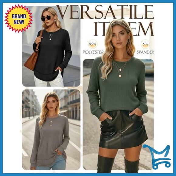 3 Pack Waffle Knit Sweatshirts Crew Neck Long Sleeve Loose Fit Pullover - Picture 5 of 7